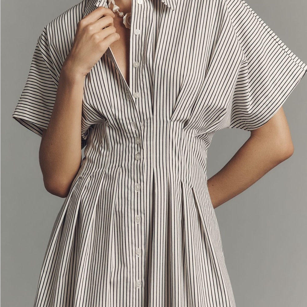 Anthropologie Tobie Button-Front Pleated Shirt Dress by Exquise black/white L